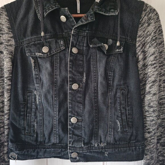 Free People Distressed Knit/Denim Jean Jacket, Women’s XS, Black, Removable Hood - Picture 2 of 10